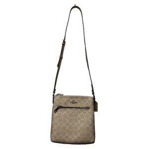 NWOT Coach Mini Rowan File Bag Signature Print Leather Tan Khaki Sand Crossbody